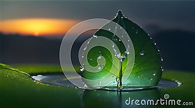Beauty transparent drop of water on a green leaf in night stunning macro with sun glare. Beautiful artistic image of environment n Stock Photo