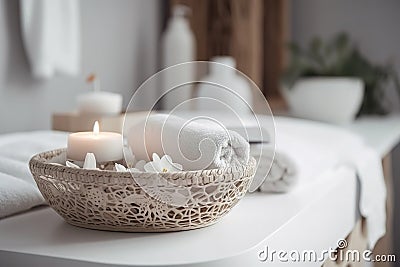 Beauty treatment with candles and items for spa procedures , Beautiful spa composition on massage and relax. Stock Photo