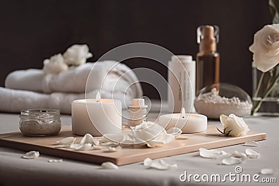 Beauty treatment with candles and items for spa procedures , Beautiful spa composition on massage and relax. Stock Photo