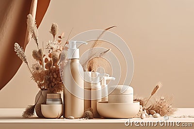 Beauty treatment, hair care and spa concept, close up of cosmetic bottles and flowers. Stock Photo