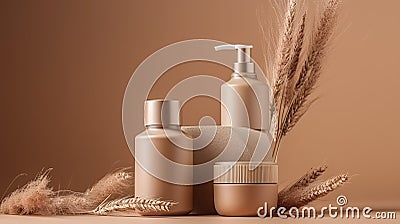 Beauty treatment, hair care and spa concept, close up of cosmetic bottles and flowers. Stock Photo