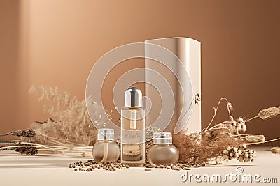 Beauty treatment, hair care and spa concept, close up of cosmetic bottles and flowers. Stock Photo