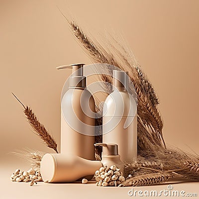 Beauty treatment, hair care and spa concept, close up of cosmetic bottles and flowers. Stock Photo