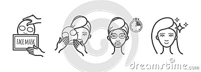 Beauty treatment icons set, facial mask applying Vector Illustration