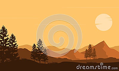 The beauty of the twilight sky with views of mountains and cypress trees silhouette. Vector illustration Vector Illustration