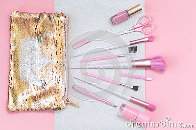 Beauty unicorn makeup brushes on silver pink Stock Photo