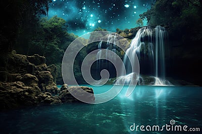 Beauty of a waterfall illuminated by the ethereal glow of the moonlight. Generative AI Stock Photo