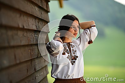 Beauty wearing Romanian blouse called ie Stock Photo