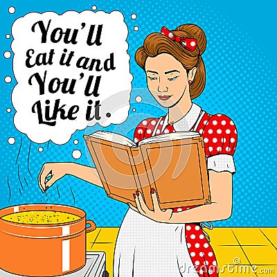 Beauty wife cooking soup retro vector Vector Illustration