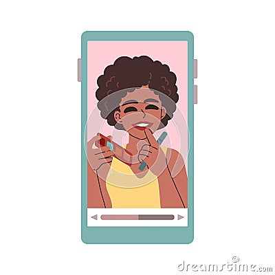 Beauty woman applying makeup. Female video blogger. People doing review on phone screen. Hand drawn style vector. Vector Illustration
