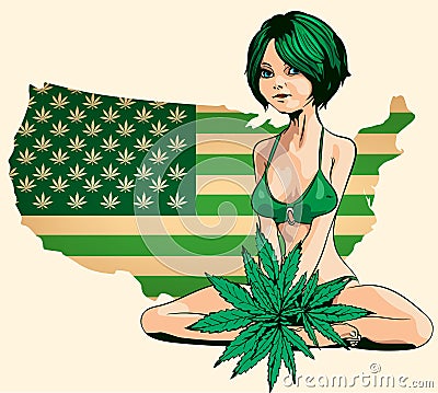 Beauty woman bikini with marijuana leafs. Usa map green with marijuana leafs. Vector image Vector Illustration