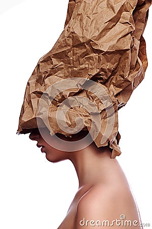 Beauty Woman with craft Paper on Head Stock Photo