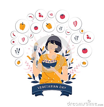 Cute girl feel happy eating diet food fresh salad for good health on world vegetarian day concept illustration Vector Illustration