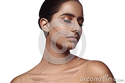 Beauty Woman with dashed Line on Body Pieces Stock Photo