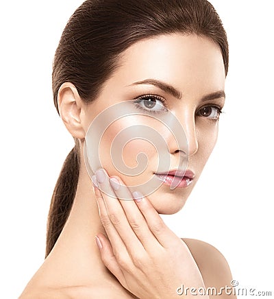 Beauty Woman face Portrait. Beautiful model Girl with Perfect Fresh Clean Skin. Stock Photo