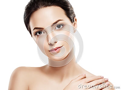 Beauty Woman face Portrait. Beautiful model Girl with Perfect Fresh Clean Skin. Stock Photo