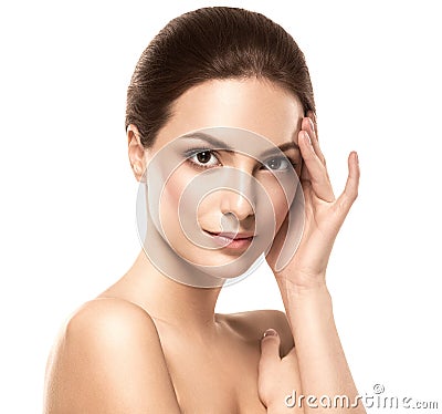 Beauty Woman face Portrait. Beautiful model Girl with Perfect Fresh Clean Skin. Stock Photo