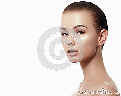 Beauty woman face portrait. Beautiful spa model girl with perfect fresh clean skin. Brunette female smiling Stock Photo