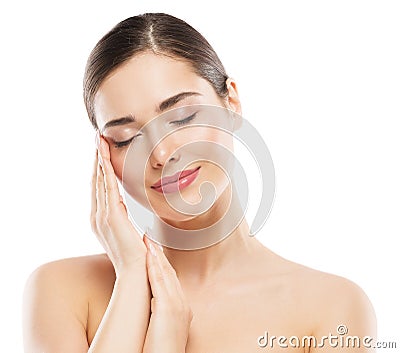 Beauty Woman Face Portrait. Spa Model Clean Fresh Skin Care. Perfect Facial and Hand Nails Treatment. Isolated White Stock Photo