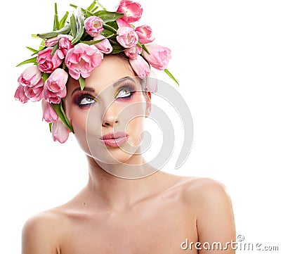 Beauty woman portrait with wreath from flowers on head over whit Stock Photo