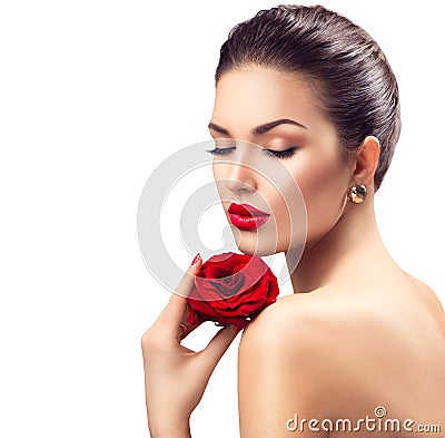 Beauty woman with red rose flower Stock Photo