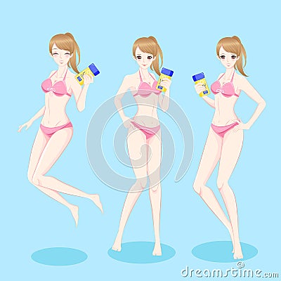 Beauty woman use suncreen Vector Illustration