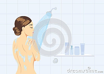 Beauty women shower in bathroom back view Vector Illustration