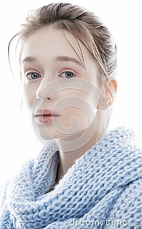 Beauty young blond woman in scarf with weathered lips close up isolated Stock Photo