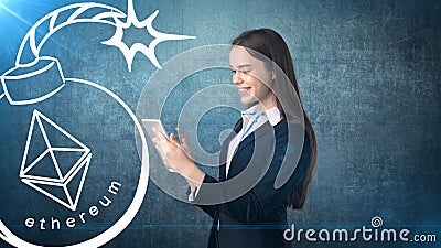 Beauty young business woman standing near sketches of Ethereum crypto currency coin. Business concept of Ethereum icon. Editorial Stock Photo