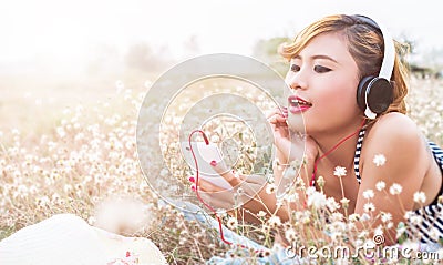 Beauty young woman with flowers and make up close , real spring girl Stock Photo