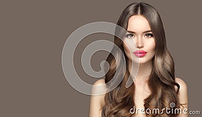 Beauty Young Woman Portrait Closeup. Beautiful Model Girl Face. Healthy Long Curly Hair, Fresh Clean Skin. Brunette model Stock Photo