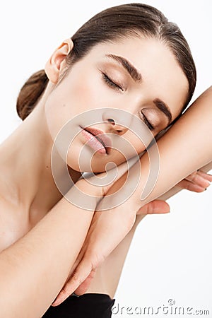 Beauty Youth Skin Care Concept - Close up Beautiful Caucasian Woman Face Portrait with relax sleep gesture. Beautiful Stock Photo