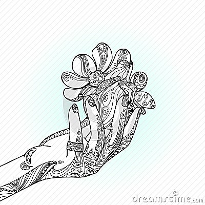 Beauty zentangle woman hand with ring, nails, ball and ornate flowers. Vector Illustration