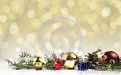 BEAUTYFUL CHRISTMAS DECOR ORNAMENT. GOLDEN BOKEH BACKGROUND Stock Photo