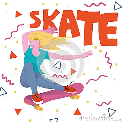 Beautyful girl with golden hair on pink skateboard. Poster for sportsmen skateboarders with text `Skate`. Vector illustration. Vector Illustration