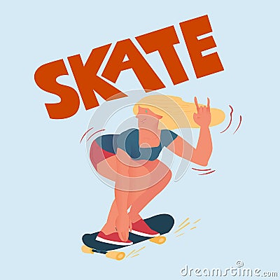 Beautyful girl on skateboard. Cool chick does a trick. Poster for skateboarders with text `Skate`. Vector illustration. Vector Illustration