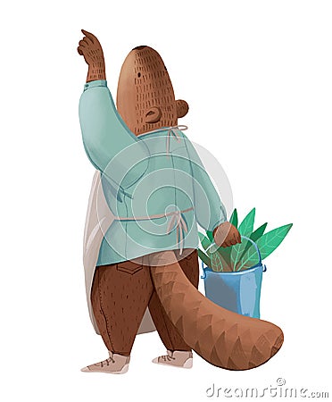 The beaver in apron holding a metal bucket with green leaves isolated on white background Stock Photo