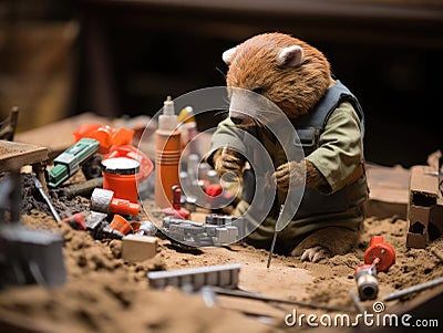 Beaver building toy dam in builder outfit Stock Photo