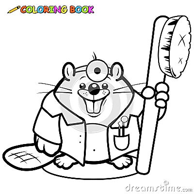 Beaver dentist with a toothbrush. Vector black and white coloring page. Vector Illustration