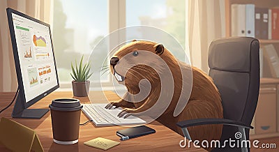 a beaver at the desk working on a computer, cartoon style - generated using ai Stock Photo
