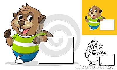 Beaver Leaning Blank Board Cartoon Character Mascot Illustration Vector Illustration