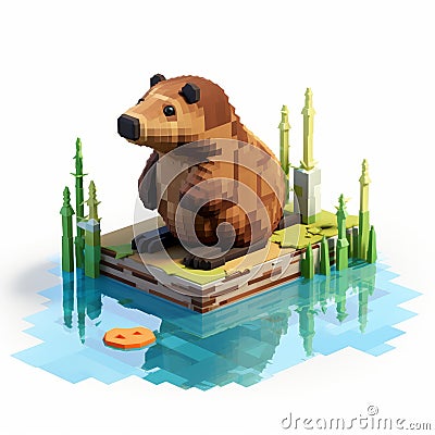 Beaver Minecraft Pixel Art 2: National Geographic Style Isometric Sculptures Stock Photo