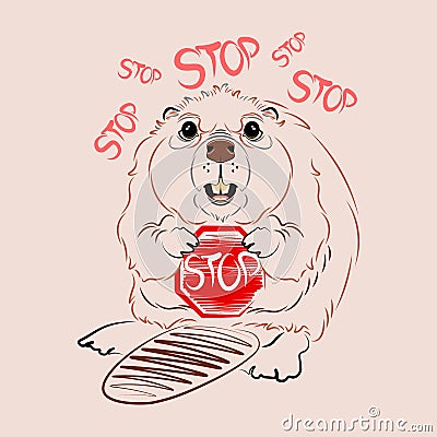 Beaver with sign stop vector Vector Illustration