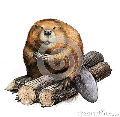 Adult Beaver sitting on logs. Cartoon Illustration