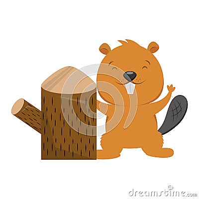 beaver and tree stump on white background Cartoon Illustration