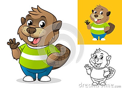 Beaver with Waving Hand Gesture Cartoon Character Mascot Illustration Vector Illustration