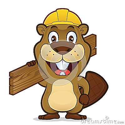 Beaver wearing a construction hat and holding a plank of wood Vector Illustration