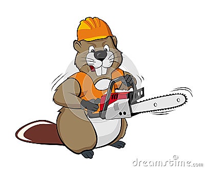 Beaver wearing a helmet and holding a chain saw Vector Illustration