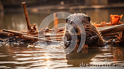 A beaver working on building a dam with found wood on a lake, natural habitat Stock Photo