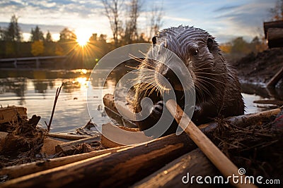 A beaver working on building a dam with found wood on a lake, natural habitat Stock Photo